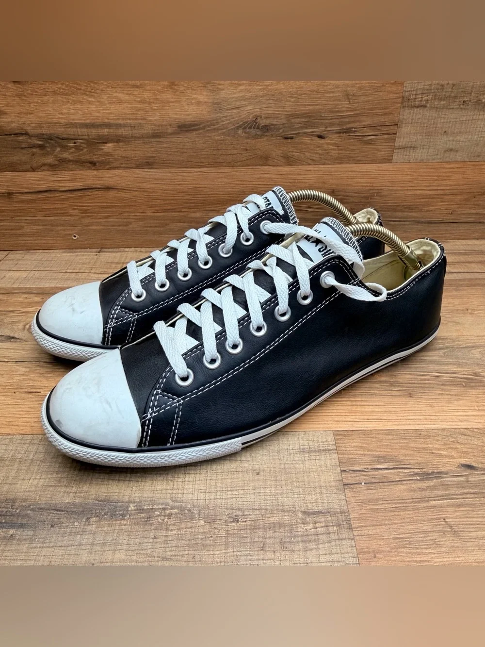 Converse size M10.5  Wo’s12.5 Classic Black Men’s Sneakers with White Toe - Picture 2 of 7